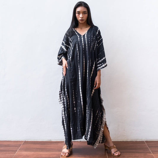 Tie Dye Kaftan Dress (Black Silver) - Sun Beach Resort Wear