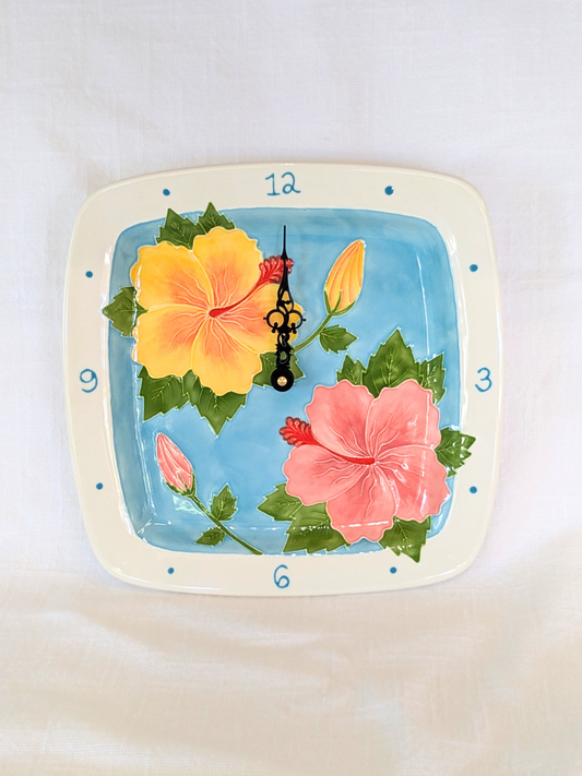 Square Plate Clock Hibiscus