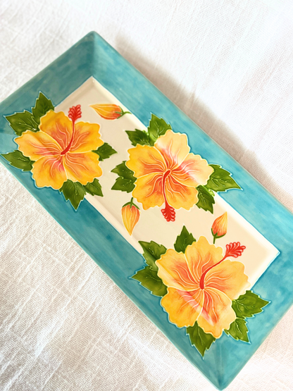 Angled Rim Rectangular Platter Hibiscus