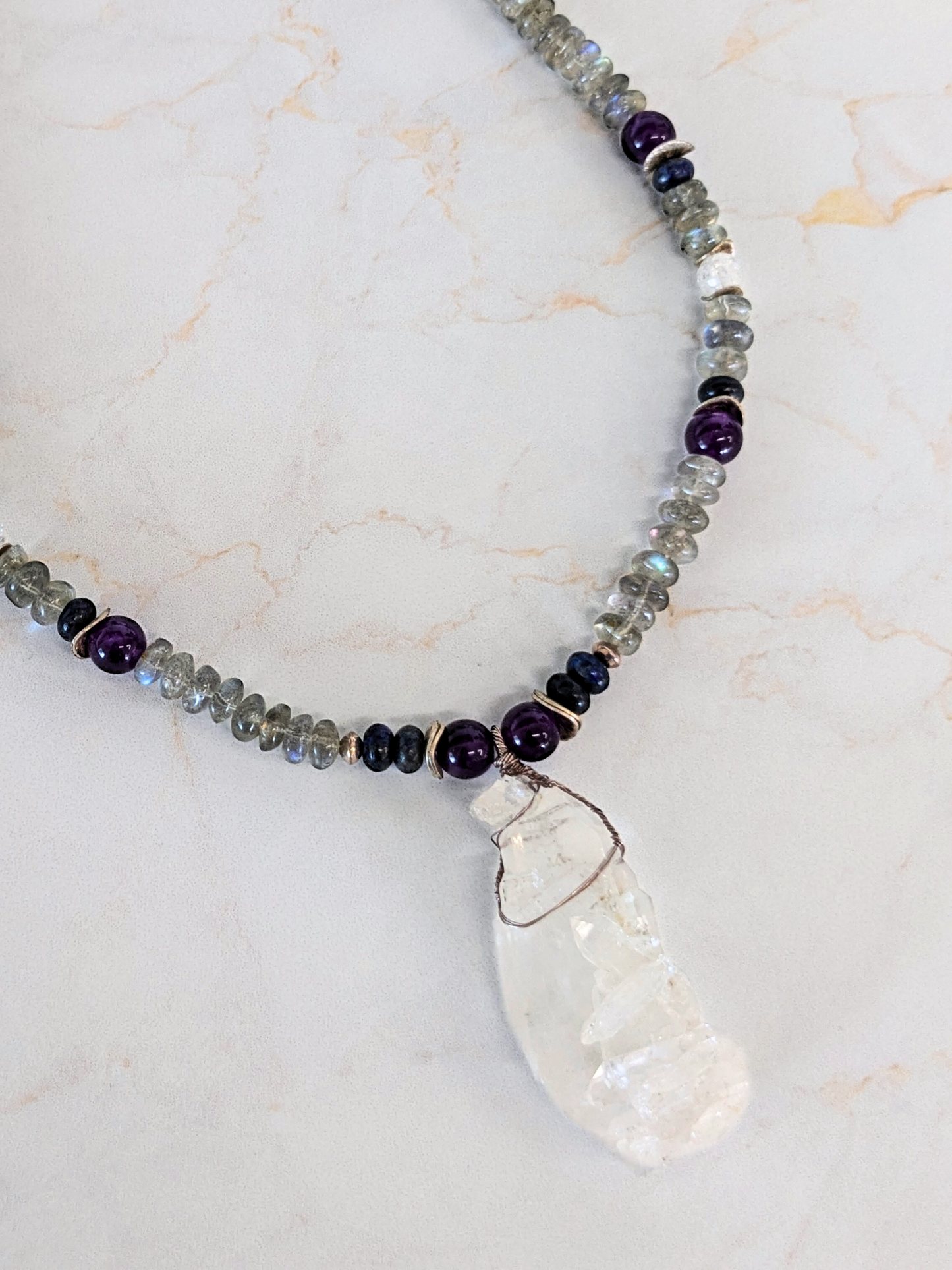 Quartz Prmethyst Lapis Labria Cracked Quartz Necklace