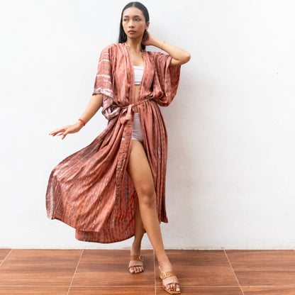 Tie Dye Kimono Cover Up (Coral) - Bikini Beach Dress Robe