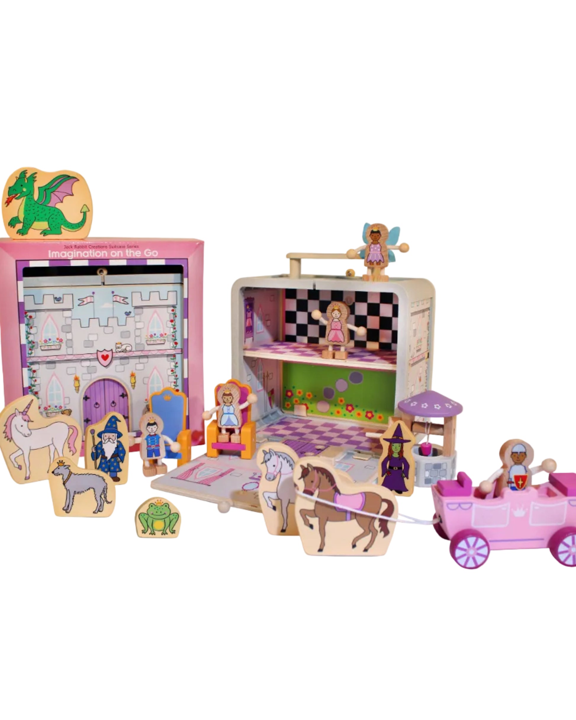 Wooden toy set with various pieces including a pink house, animals, and characters on a white background.
