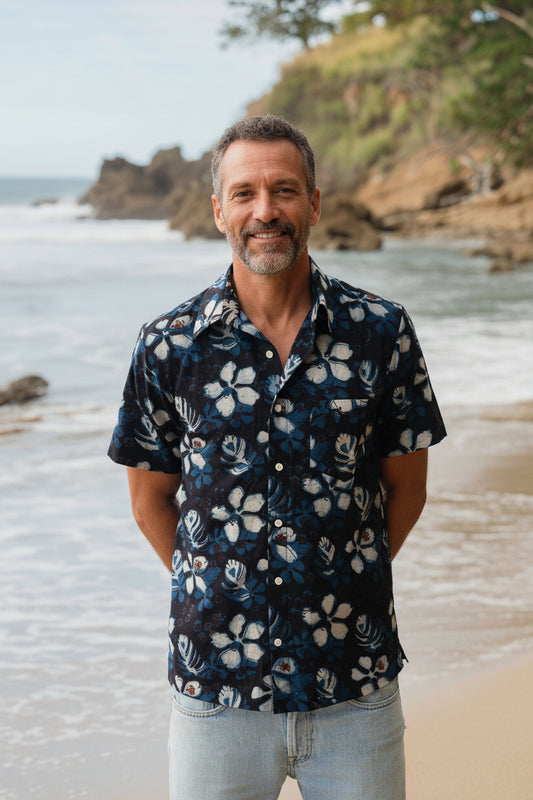 Mens Short Sleeve Button Down - ORGANIC COTTON - Aloha After Dark