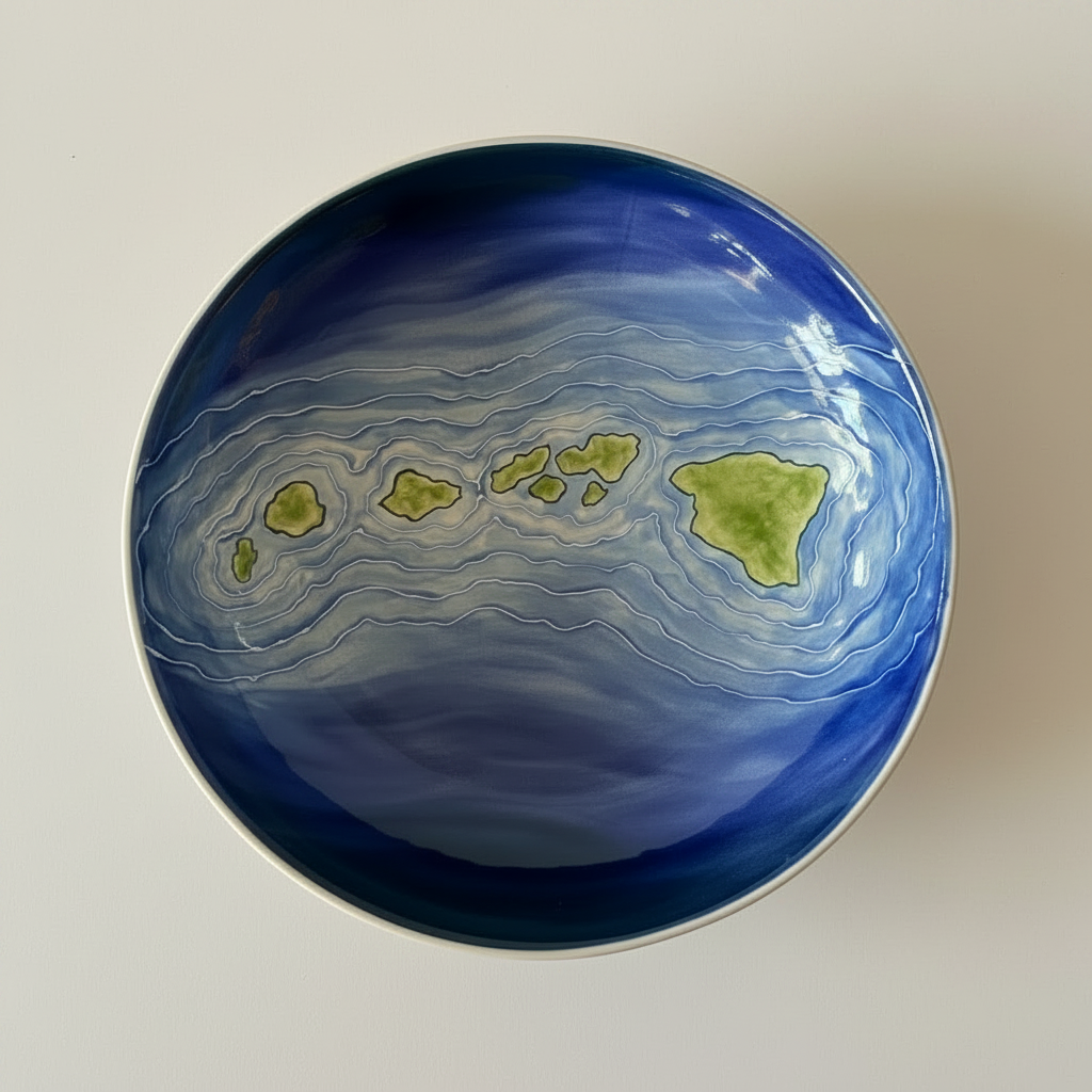A hand-painted ceramic pasta bowl with a design depicting the Hawaiian island chain in shades of blue and green.