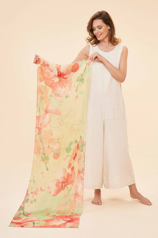 100% Linen Watercolour Orchid Scarf