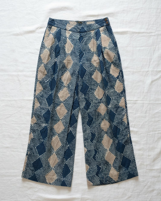 A pair of pants with a geometric pattern, featuring a mix of blue and beige colors
