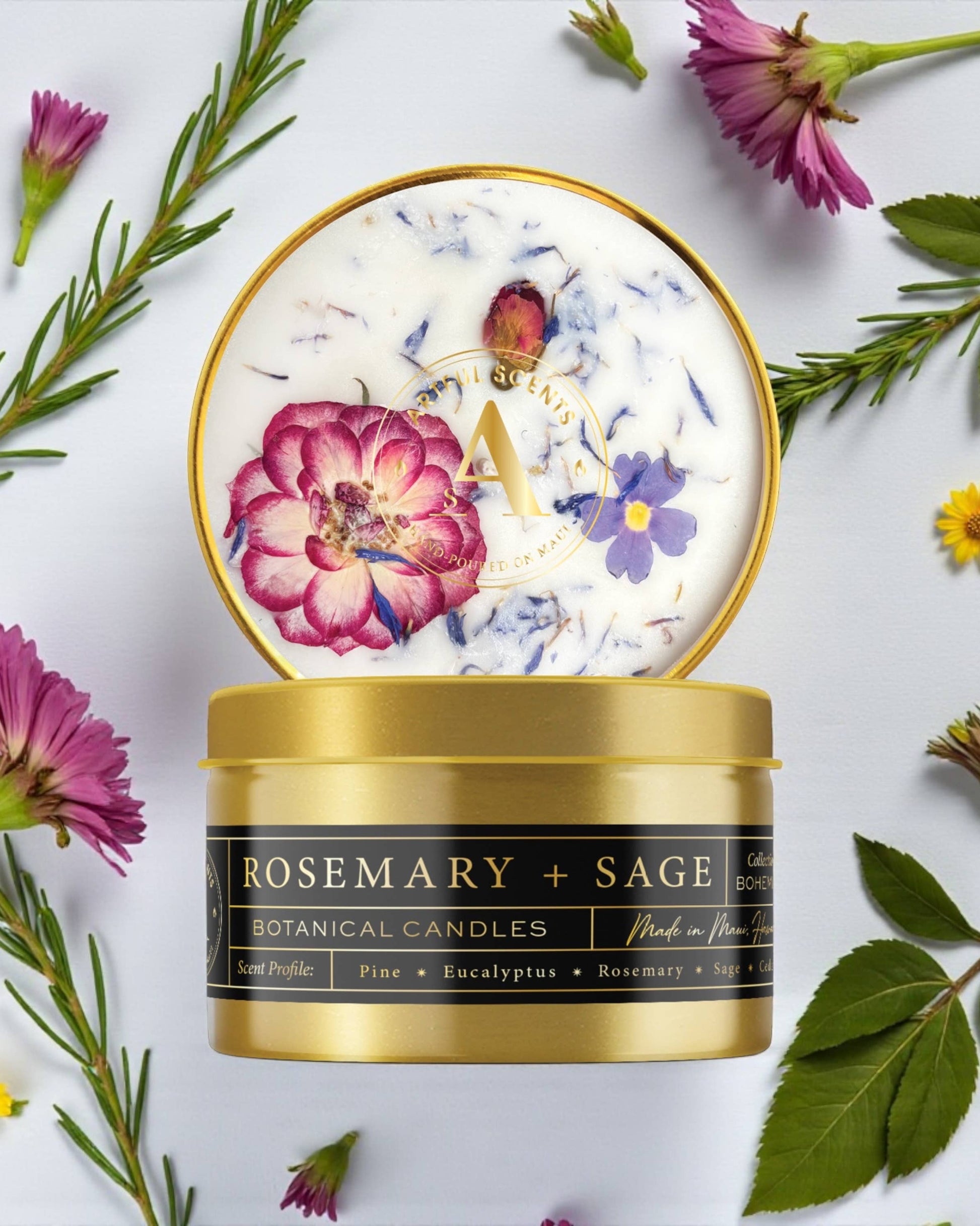 Rosemary and Sage botanical candle with floral and leaf decorations on a light background