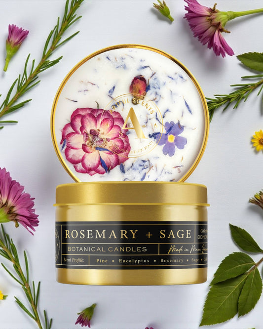 Rosemary and Sage botanical candle with floral and leaf decorations on a light background
