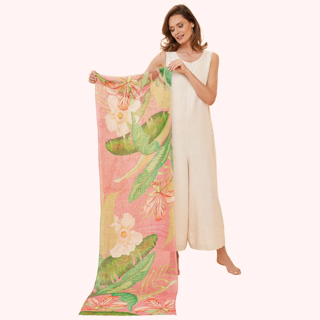 100% Linen Delicate Tropical Scarf - Candy