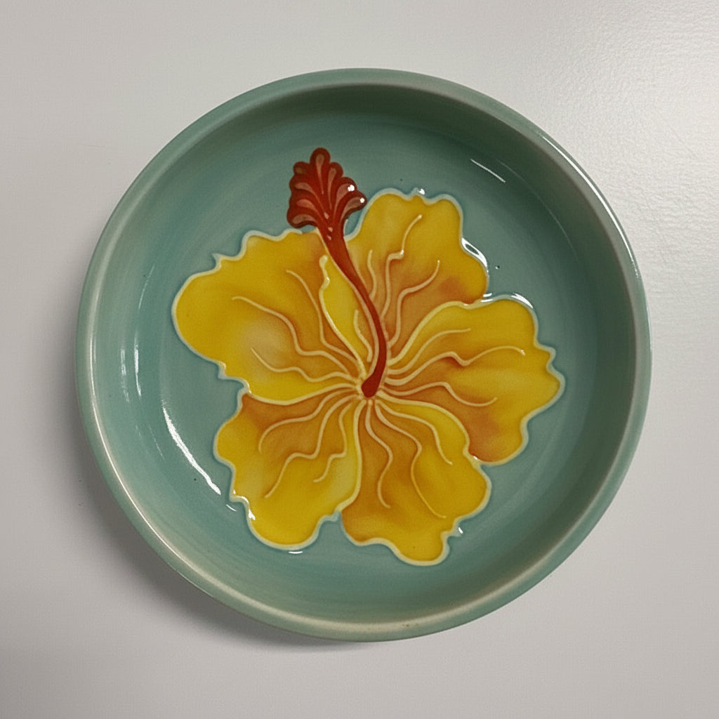 Ceramic plate with a yellow floral design on a teal background