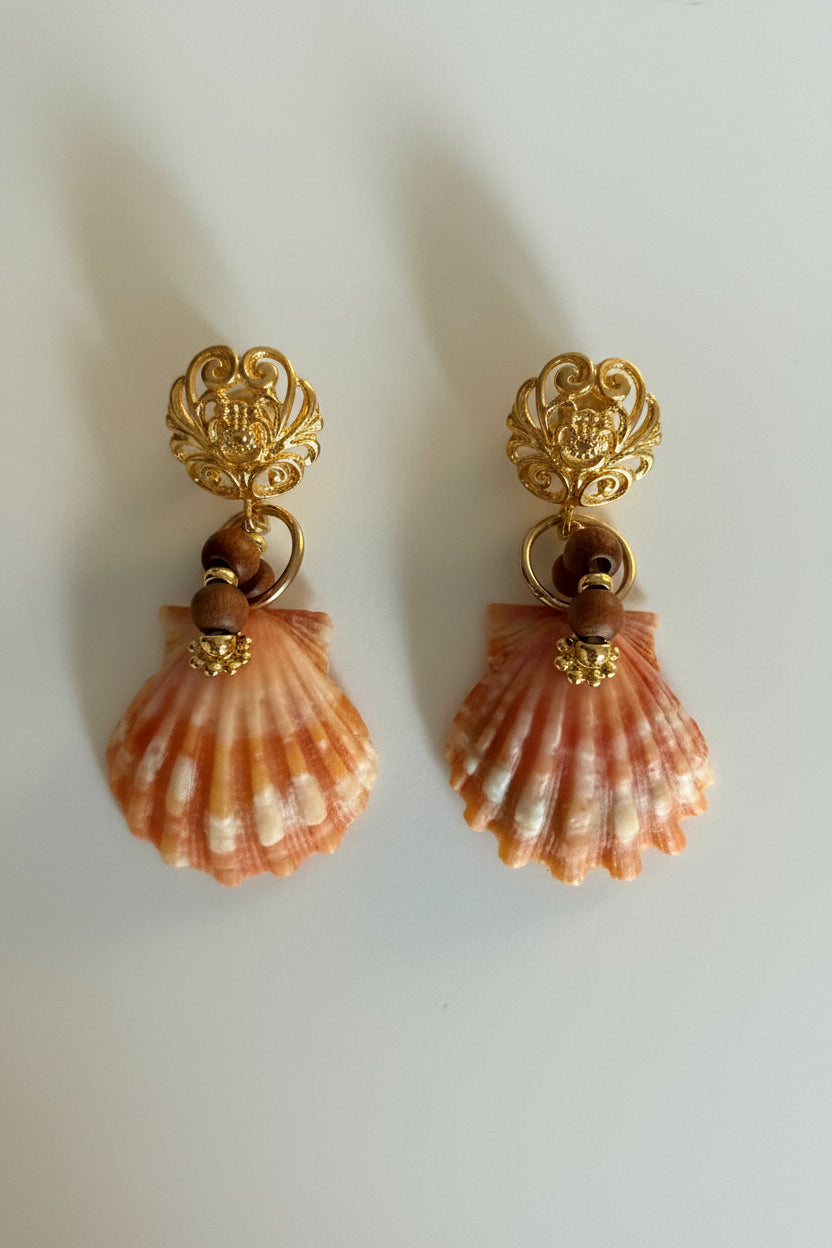 Pair of shell earrings with gold accents on a light background