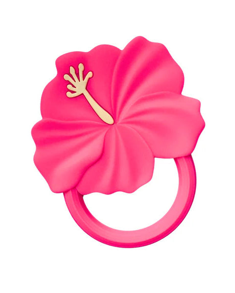 Pink floral-shaped teether with a gold center on a white background