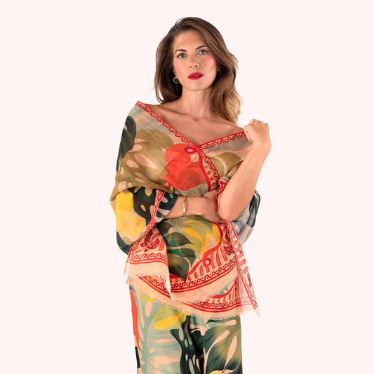 Linen/Cotton Scarf - Exotic Leaves