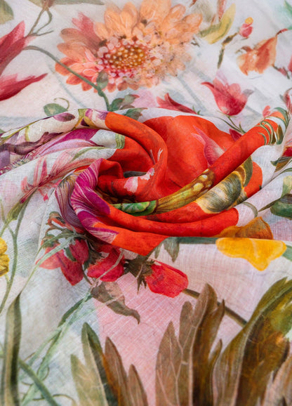 Linen/Cotton Scarf - Fine Flowers, Cream