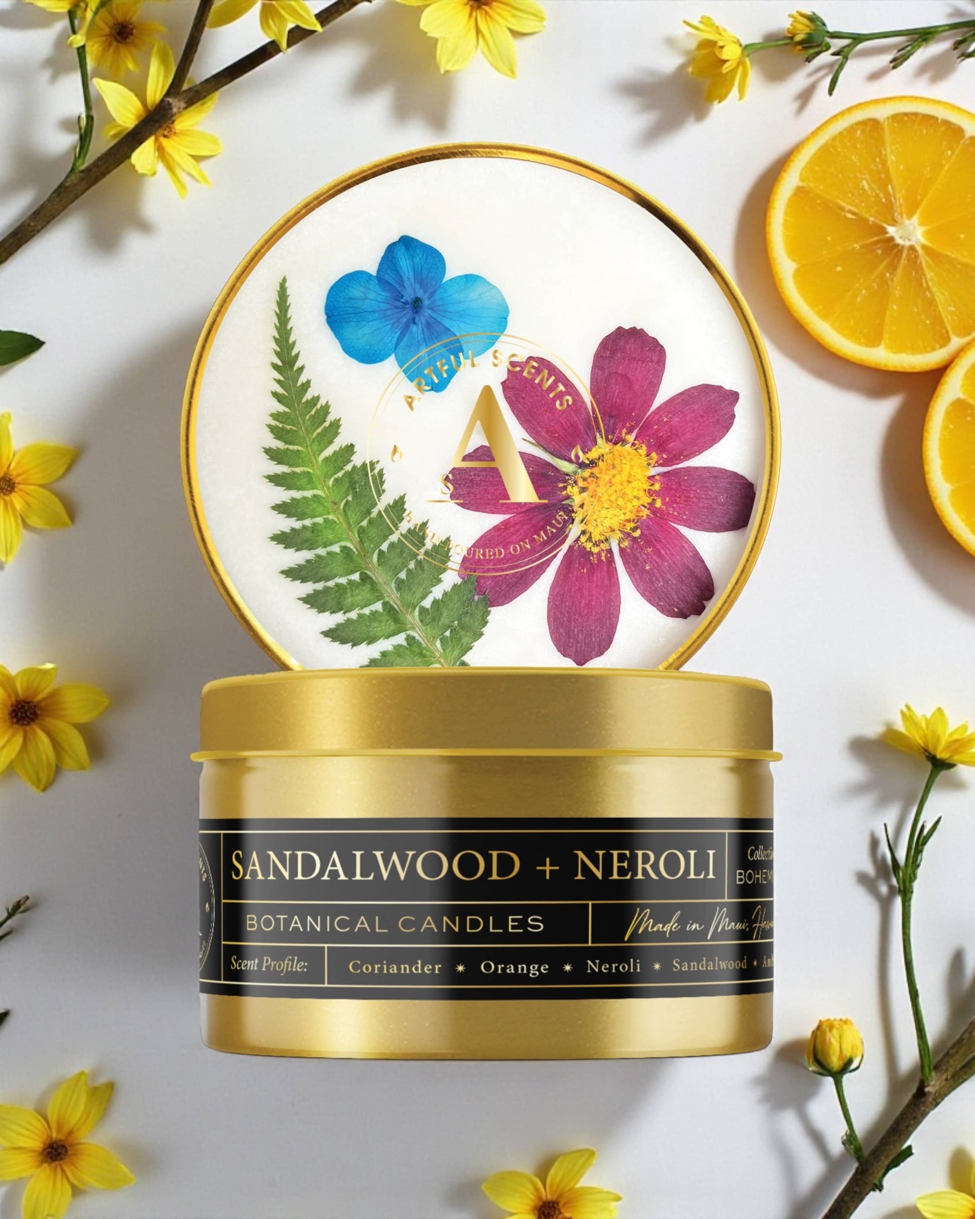 Sandalwood + Neroli candle with floral design on lid surrounded by flowers and lemons