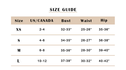 Size guide chart for clothing with measurements in US/Canada, Bust, Waist, and Hip.