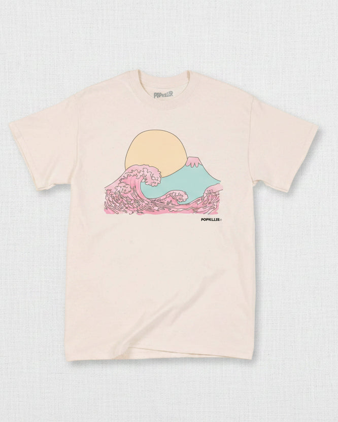 Beige t-shirt with a colorful wave and sun graphic 