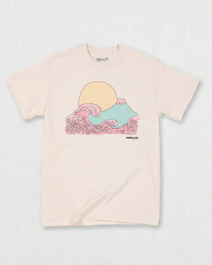 Beige t-shirt with a colorful wave and sun graphic 