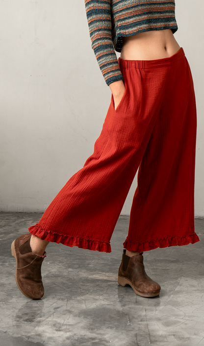 Ruffled Pants Cotton Crinkle | Red
