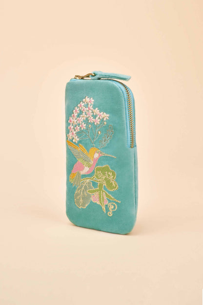 Velvet Embroidered Sunglasses Pouch - Hummingbird, Aqua