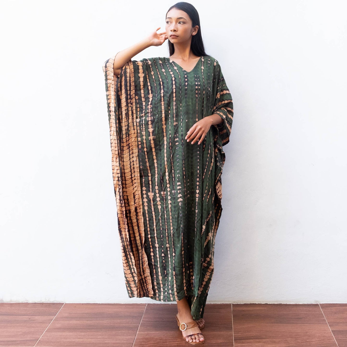 Tie Dye Kaftan Dress (Army Green) - Sun Beach Resort Wear