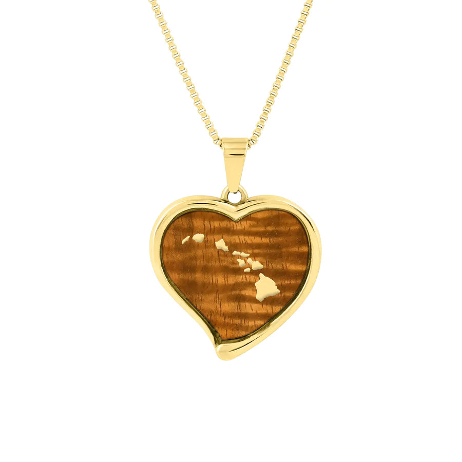Hawaiian Koa Wood Heart Necklace - Yellow Gold