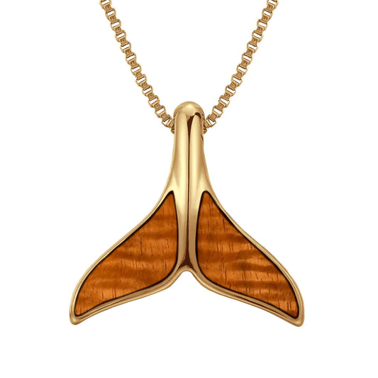 Hawaiian Koa Wood Whale Tail Necklace - Yellow Gold
