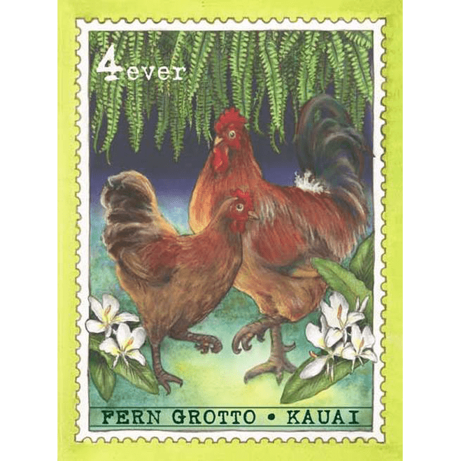 Fern Grotto Chickens Kauai Stamp Print