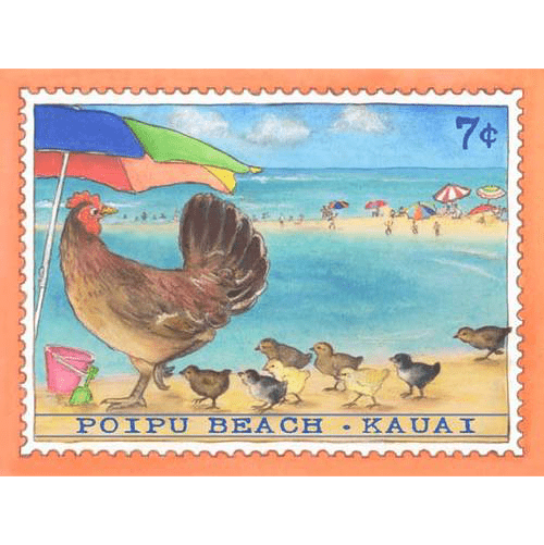 Poipu Beach Chickens Kauai Stamp Print