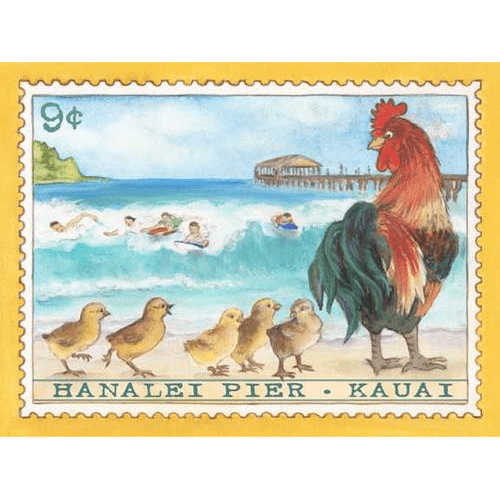 Hanalei Pier Kauai Chickens Stamp Print